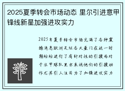2025夏季转会市场动态 里尔引进意甲锋线新星加强进攻实力 2025夏季转会市场动态 里尔引进意甲锋线新星加强进攻实力
